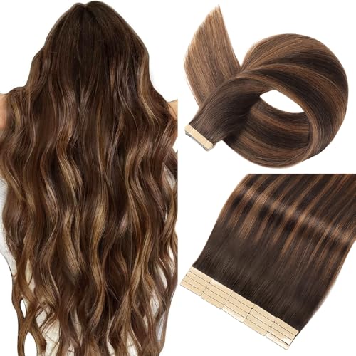 Tape in Hair Extensions Human Hair Dark Brown to Mixed Chestnut Brown 22 Inch 20Pcs Tape Ins for Women Straight Invisible Seamless Remy