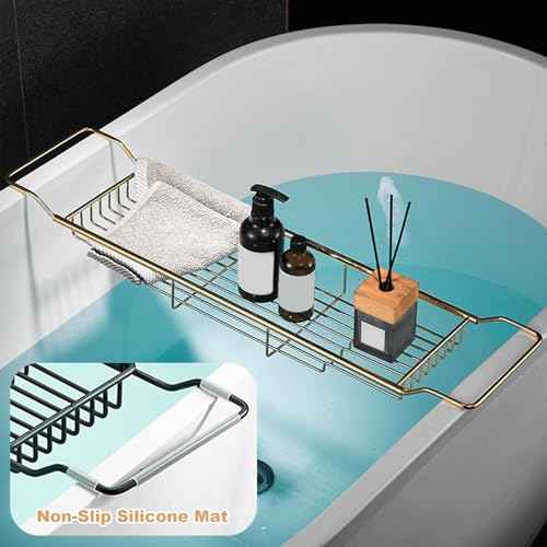 Stainless Steel Bathtub Caddy Tray, Expandable Bath Tub Tray Table, Adjustable Bathroom Tray, Bath Organizer Tub Shelf,Black,26.8~35.4in