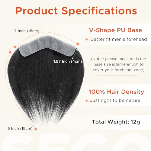 SEGO Men's Hairline Toupee 100% Human Hair Forehead Hairpiece V-Shape 1.57"x7" PU Thin Skin Base Natural Hairline Replacement£¨Hair:6" Long-#1 Jet Black