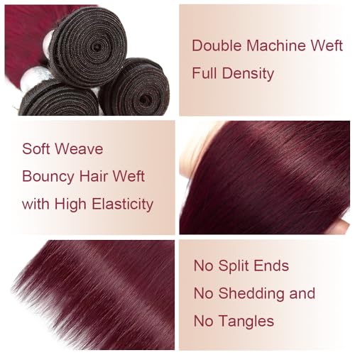 Burgundy 99J Straight Human Hair Bundles 14 16 18 Inch Hair 3 Bundles Color 99J Straight Bundles Unprocessed Brazilian Virgin Hair Weave Extensions For Black Women #99J