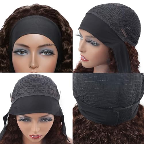 Headband Wig Human Hair Deep Wave Half Wigs Glueless None Lace Front Wigs with Headband Attached Brazilian Human Hair Headband Wigs Glueless Curly Hair for Black Women(22 Inch, Chocolate Brown)