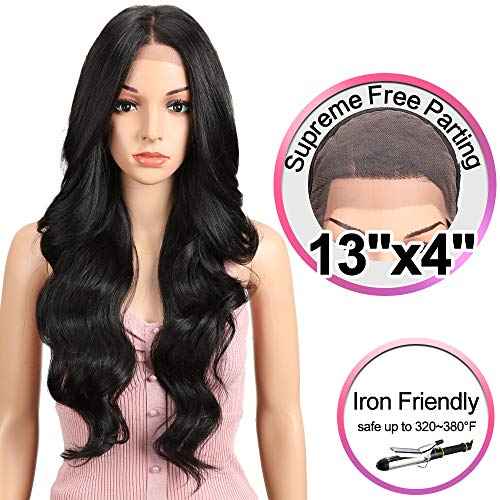 Joedir 26" Big Curly Wavy Supreme Free Parting HD Lace Frontal Wigs With Baby Hair High Temperature Synthetic Wigs For Women 180% Density Wigs(Black Color)