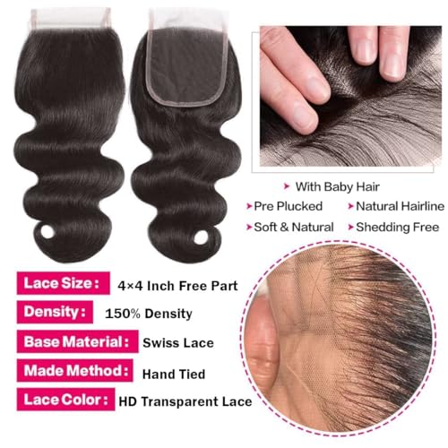 Bundles with Closure Body Wave 100% Unprocessed Brazilian Human Hair 100g Natural Black Virgin Human Hair Weave 3 Bundles with 4x4 Lace Closure (12 14 16+10 Natural Black)