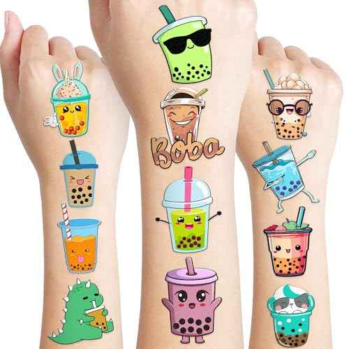 96 PCS Funny Bubble Boba Milk Tea Pre-cut Temporary Tattoos Sticker Theme Birthday Party Decorations Supplies Decor Favors Gifts Boys Girls Adults Cute Tattoo School Reward Prizes Christmas Carnival