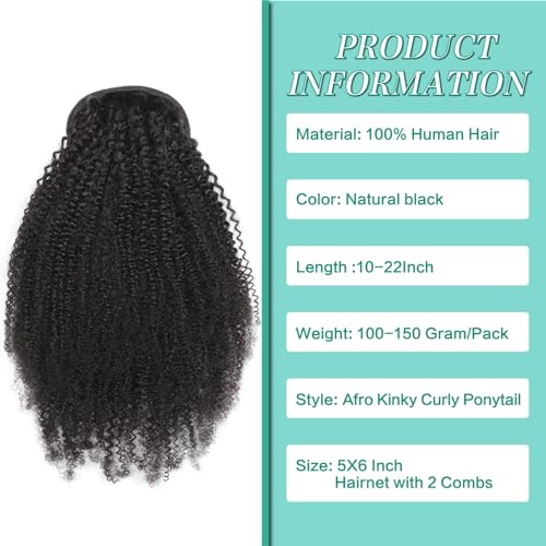 Afro Kinky Curly Drawstring Ponytail 4C for Black Women Human Hair Drawstring Ponytail Extension Natural Black 24Inch
