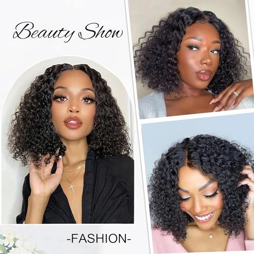 Wear and Go Glueless Wigs Human Hair Pre Plucked Pre Cut 6x4 Short Curly Bob Lace Front Wigs for Black Women Natural Hairline Water Wave Lace Front Wigs 200% Density 14 Inch