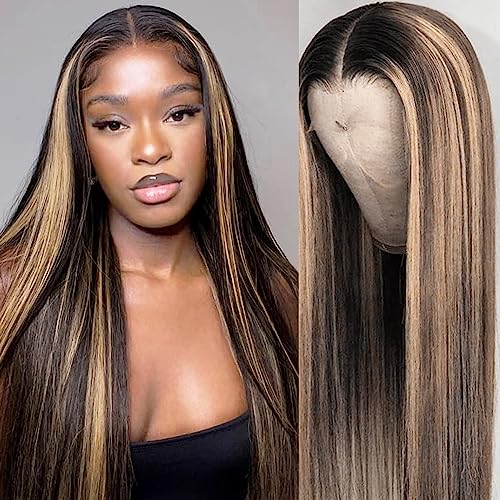26 inch Black and Blonde Human Hair Wig Pre Plucked with Baby Hair 13x4 Highlight Wig Human Hair Balayage Lace Front Wigs Human Hair 200% Density for Women
