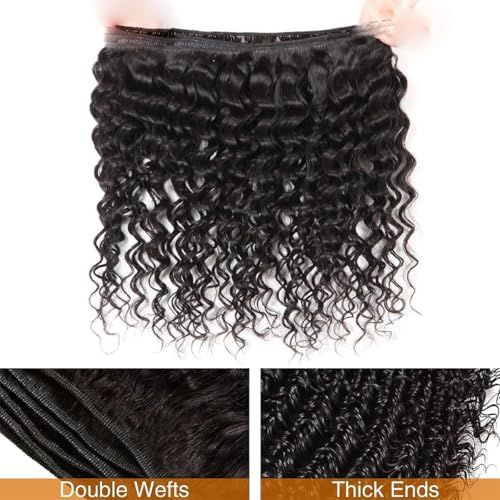 Deep Wave Human Hair Bundles 12A 18 20 22 Inch, 3 Bundle 100% Unprocessed Virgin Brazilian Human Hair Extensions Quick Weave Natural Black, Can be Dyed