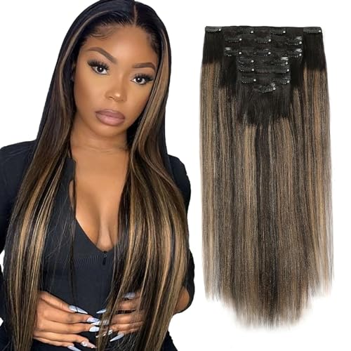 ABH AMAZINGBEAUTY HAIR Light Yaki Clip in Extensions Rooted Black Piano Natural Black Fading into Caramel Blonde Two Tone Yaki Straight Clip ins for Black Women 18 Inch 120G