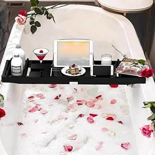 Domax Bathtub Caddy Tray Expandable Bamboo Tub Tray for Luxury Bath with Book Holder and Free Soap Dish Black