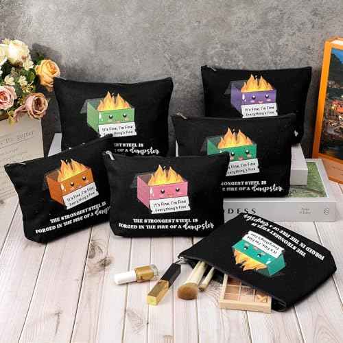 Reginary 6 Pcs Emotional Support Dumpster Fire Cosmetic Bag Gift Team Employee Appreciation Gift Bulk Funny Makeup Bag Canvas Pouch for Coworker Staff Volunteer Teacher Nurse, 6 Style(Black)