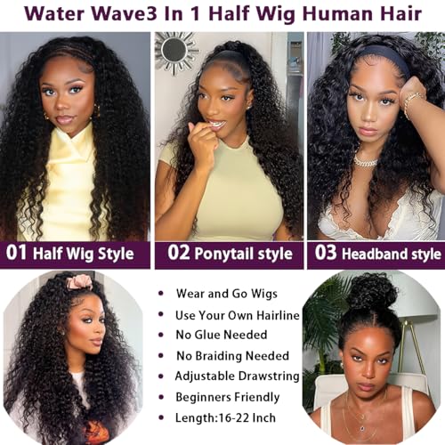 Half Wig Human Hair Water Wave 220% Density 3 In 1 Seamless Flip Over with Adjustable Drawstring 18 Inch Wear Go Glueless Wigs Wet and Wave Curly Half Wigs for Women Headband Wig Beginner Friendly