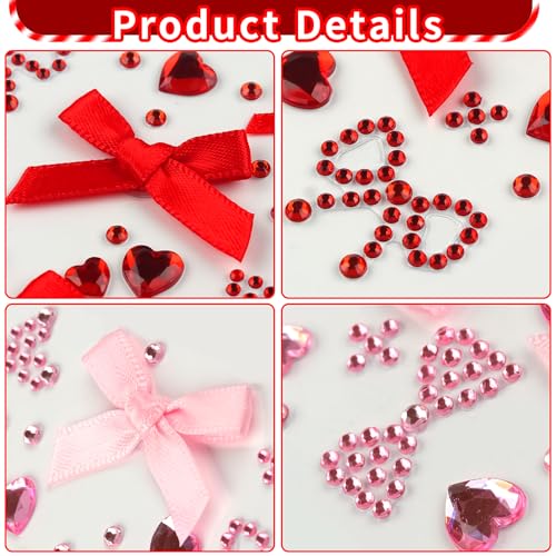 Heart Face Gem Rhinestone Stickers Red Pink Bow Ribbon Acrylic Jewels Stickers Self-Adhesive Hair Gems for Nail Eye Body Makeup, Decorative Stickers for Valentine's Day, Wedding, Craft