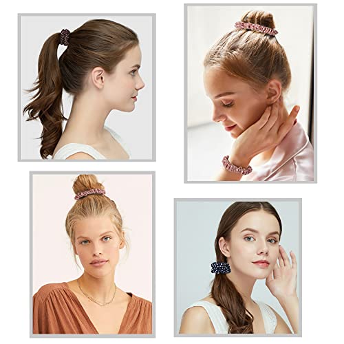 Hair Ties Silk Satin Scrunchies - Small Mini Thin Elestics Ponytail Holder Hair Bands Skinny Scrunchy For Thick Curl Hair No Crease Hair Ties Soft Accessories No Hurt Your Hair for Women and Girls (Bright series)