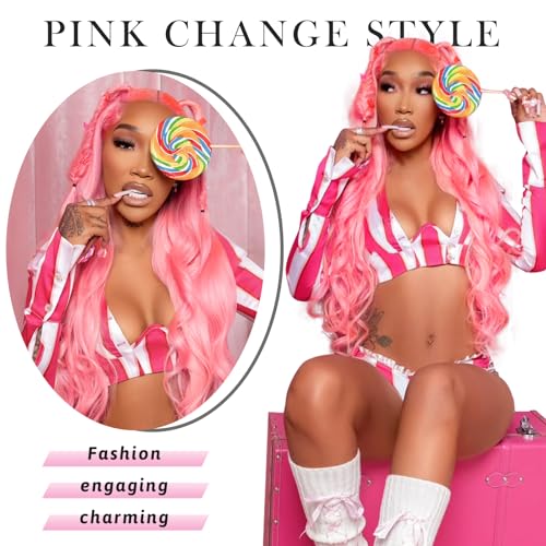Pink Human Hair Wig 200 Density Body Wave HD Lace Front Wigs Human Hair Pre Plucked with Baby Hair Lace Front Wig 13x4 Lace Frontal Wigs Real Hair Wigs for Women 22 Inch