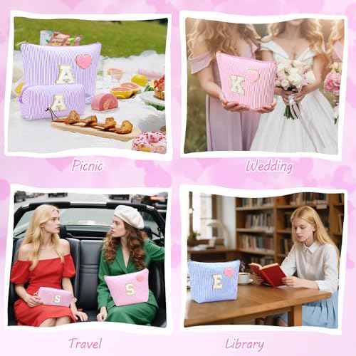 Initial Makeup Bag Personalized Preppy Cosmetic Bag Trendy Toiletry Travel Bag For Teen Girls Kids Women Letter Makeup Pouch Purse Holiday Gifts Birthday Christmas Gifts 2pack (A, Blue)