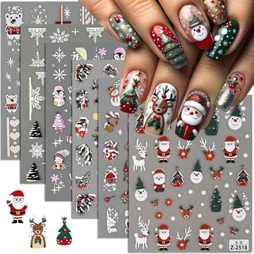 6 Sheets Christmas Nail Art Stickers Snowflake Nail Decals 5D Embossed Self-Adhesive Santa Claus Elk Penguin Bear Xmas Tree Nail Supplies for Women Christmas Nail Art Decoration Winter Pegatinas U?as