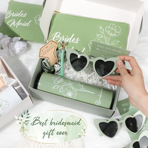42 Pcs Bridesmaid Proposal Gifts Bridal Shower Gifts Cosmetic Makeup Bags and Boxes Patterned 20oz Water Bottles Bride Sunglasses Scrunchies Hair Diamond Pens Invited Cards Favors for Wedding