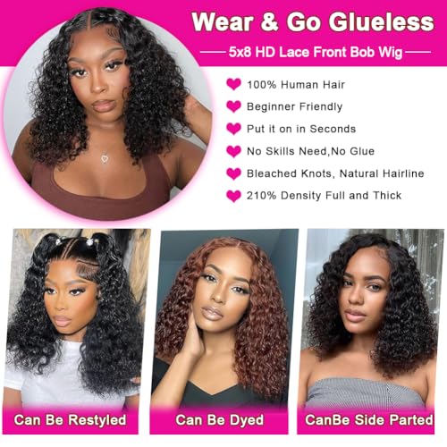 5x8 Bob Wig Human Hair Glueless Wigs Human Hair Pre Plucked Pre Cut Deep Wave HD Lace Closure Wigs Human Hair 210% Density Wear And Go Glueless Wig (14inch)