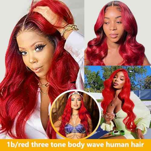 QTHAIR 1B/99J/Red Ombre Body Wave Human Hair Bundles 16A Grade 3 Tone Black Red Human Hair Body Wave Bundles 14 16 18Inch Unprocessed Virgin Hair Bundles Body Wavy Bundles