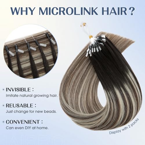 Hairro Microlink Hair Extensions For Women Remy Human Hair Bead In Pre Bonded Cold Fusion Keratin Glue Stick I Tip 20 Inch 50g 50 Strands #1BT4P60