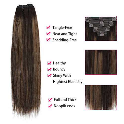 Balayage Clip in Hair Extensions Real Human Hair Straight Highlight Human Hair Clip ins for Women, Natural Soft Remy Human Hair, 8Pcs 120g, 20inch #2/6/2 Balayage Dark Brown to Chestnut Brown