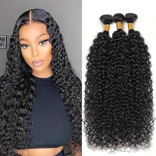 Kinky Curly Human Hair Bundles 26 28 30 Inch Curly Wave Bundles Human Hair Unprocessed Native Virgin Hair 100/PC 3 Extensions Natural Black Color 1B Wet and Wavy Human Hair Extensions for Women