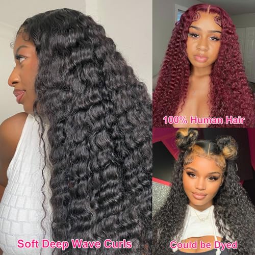 Deep Wave Lace Front Wigs Human Hair Pre Plucked 13x4 HD Transparent Lace Frontal Wigs Human Hair 180% Density Glueless 18 Inch Curly Wigs for Black Women Bleached Knots