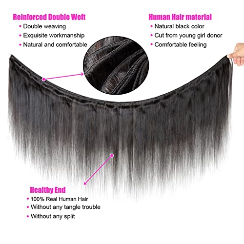Brazilian Straight Bundles with Closure Human Hair Weave 3 Bundles and 4X4 HD Lace Closure (14 16 18+12 Inch) Unprocessed Virgin Remy Hair Free Part for Women