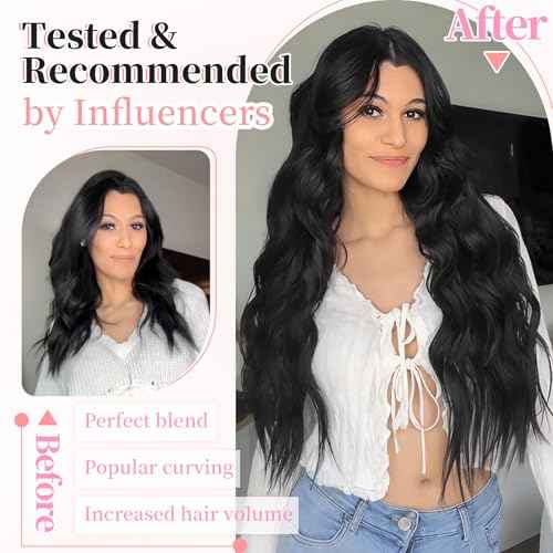 KooKaStyle Clip in Synthetic Hair Extensions Long Wavy 4PCS Thick Hairpieces Black Fiber Double Weft Natural Hair Extensions 24 Inch for Women