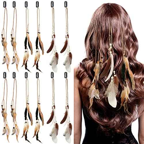 Geyoga 12 Pcs Feather Hair Clip Boho Hair Extensions with Feather Clip Comb Hippie DIY Accessories Hairpin Tribal Braided Beads Headdress for Women(Brown, Dark Brown,Stylish)