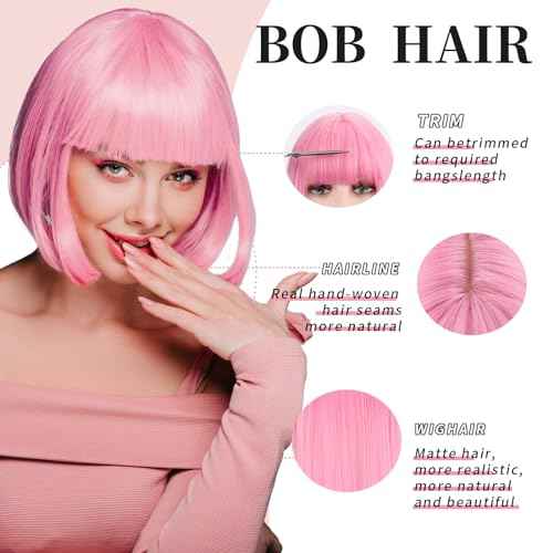 SUKRI Pink Bob Wig With Bangs - Short Straight Bob Bangs Wig, 12Inch Heat Resistant Synthetic Hair, Natural Looking For Daily Party Use