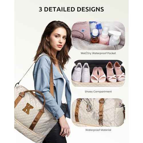 Girls/Kids Initial Duffle Bag with Shoe Compartment, Kids Personalized Travel Bags with Makeup Bag for Women with Trolley Sleeve & Wet Pocket, Gifts for Teenage Girl(Letter E)