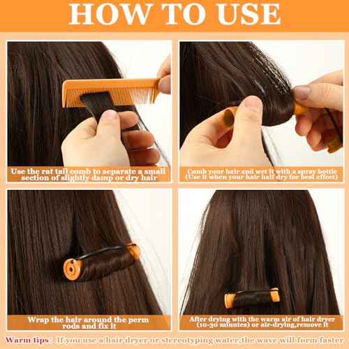 43 Pcs Hair Perm Rods Set, Large Plastic Cold Wave Rods Orange Curling Rods with Rat Tail Combs Hair Clips for Long Short Hair