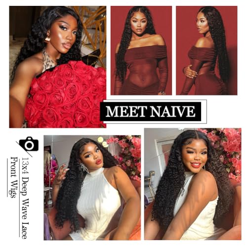 Deep Wave Lace Front Wigs Human Hair 200% Density 13x4 HD Curly Lace Frontal Glueless Wigs for Women Pre Plucked Deep Wave Natural Color (24 Inch)