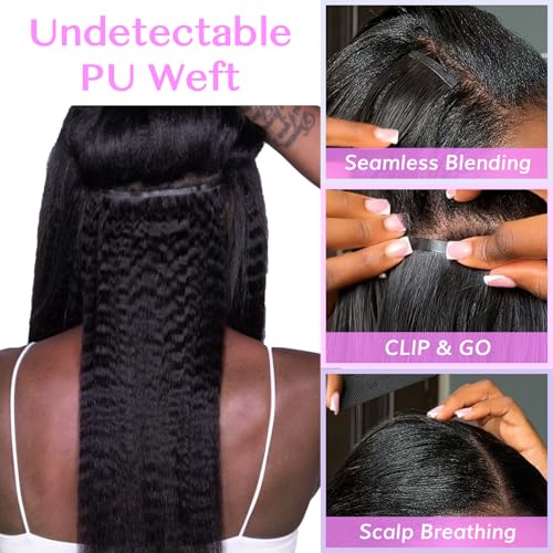 IDN BEAUTY Seamless Clip In Hair Extensions Human Hair, Kinky Straight 14 Inch 110g 7pcs Natural Black Remy Virgin Human Hair Seamless Clip Ins For Black Women PU Weft Invisible Edge