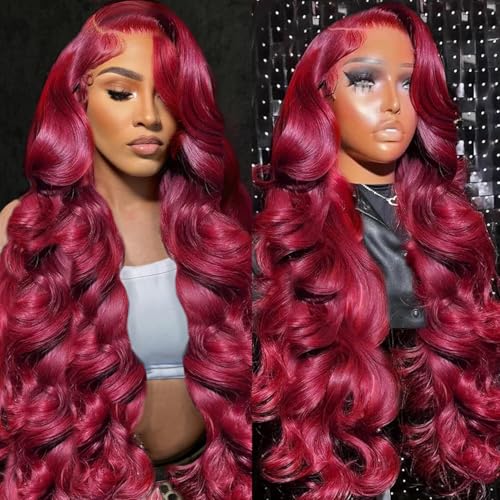 99j Burgundy Lace Front Wigs Human Hair 13x4 HD Transparent Body Wave Lace Front Wigs Human Hair Pre Plucked 180% Density Glueless Red Human Wigs for Women (24 Inch)