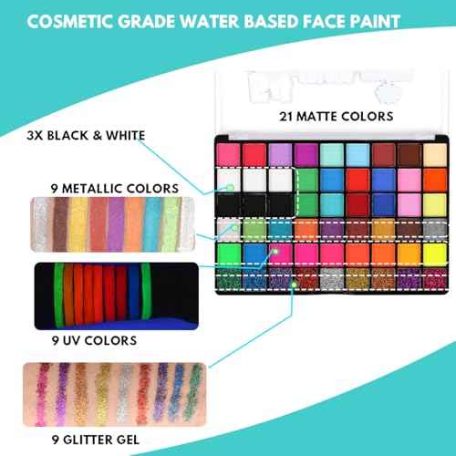 Bowitzki Face Paint Kit with 54 Colors, 8 sheets Stencils, 2 Glitters,10 Brushes, 1 Sheet Gems, Water Based Face Painting Kit, Safe Professional Halloween Party Makeup Set