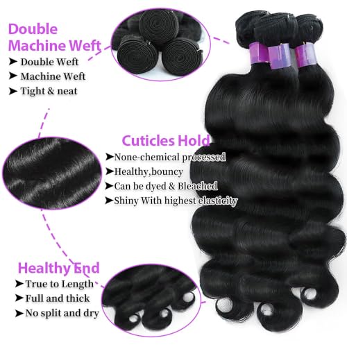 12A Human Hair Bundles Body Wave Bundles Human Hair 100% Unprocessed Brazilian Virgin Hair 3 Bundles Human Hair for Women 16 18 20 Inch Natural Black