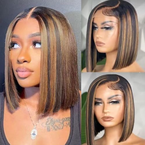 Stylish Highlight Bob Wig 1b30 Human Hair 13x4 Frontal Lace Preplucked Colored Bob Wigs Transparent Lace Short Style Bobbing Wig (13X4 1b30 BOB, 10 INCH)