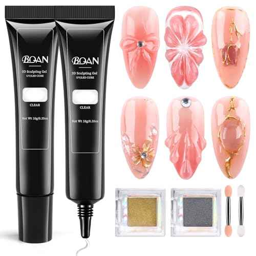 BQAN 3 in 1 3D Nail Art Gel, 2x10g Sculpting 3D Gel No-Wipe with Chrome Powder for Rhinestones / DIY Nail Art, Salon & Home Use (Clear)