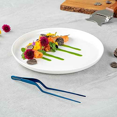 Restaurantware Perfect Point 7.9 Inch Food Tweezers 1 Offset Kitchen Tweezers - Serrated Tips For Precision For Garnishing Plating Or Decorating Blue Stainless Steel Offset Tweezers Durable