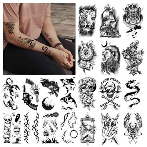 Cerlaza 112 Sheets Temporary Tattoos for Adult Men, Fake Tattoos for Neck Arm Finger, Tatuajes Temporales Tiger Wolf Lion Dragon Halloween Tattoo Stickers