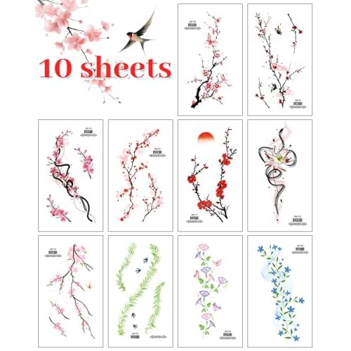 10 Sheets Flower Temporary Tattoos Floral Fake Tattoo Stickers Adult Floral Tattoo Sticker, Fake Tattoos That Look Real And Long Lasting Tattoo Sticker Waterproof Girls Tattoos