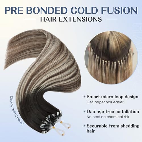 Hairro Microlink Hair Extensions For Women Remy Human Hair Bead In Pre Bonded Cold Fusion Keratin Glue Stick I Tip 20 Inch 50g 50 Strands #1BT4P60