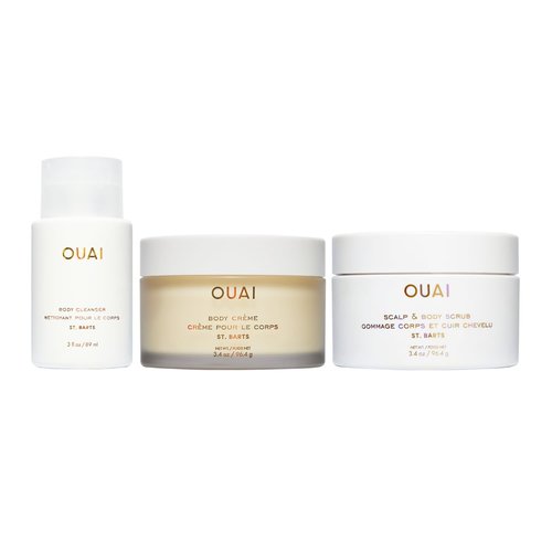 OUAI St. Barts Travel Bundle - Includes Scalp & Body Scrub, Foaming Body Cleanser, and Hydrating Body Cream - Travel Size Hair & Body Care (3 Count, 3.4 Oz/3.4 Oz/3 Oz)