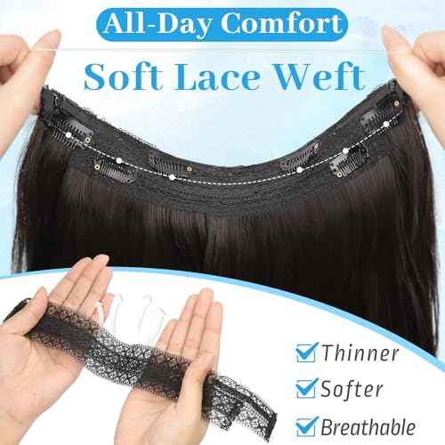 KooKaStyle Invisible Wire Hair Extensions 20¡®¡¯ Long Wavy Layered Synthetic Clip in Hair Extensions with Transparent Wire Adjustable Size 6 Secure Clips Dark Brown Thick Hairpieces for Women 20 Inch