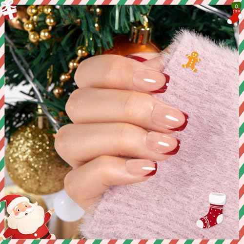 Modelones Press on Nails, Red Chrome French Short Square Fake Nails, Reusable Nail Kit with Nail Glue Adhesive Tabs Mini Nail File, Nails Press Ons 32Pcs16 Sizes