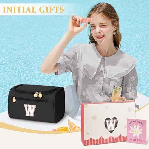 COSHAYSOO Christmas Valentines Galentines Day Fall Travel Gifts for Women Friend Sister Bestie Happy Birthday Party Favor Present, Large Hanging Toiletry Bag Skin Care Toiletries Black Letter W