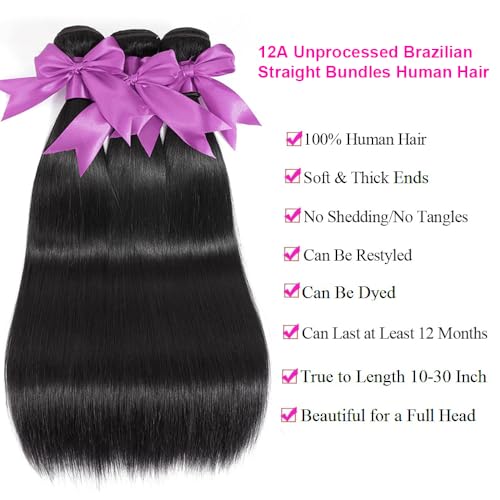 12A Straight Bundles with Closure Human Hair 16 18 20+14 Inch 100% Unprocessed Virgin Brazilian Straight Human Hair Weave 3 Bundles Deals with 4x4 HD Lace Closure